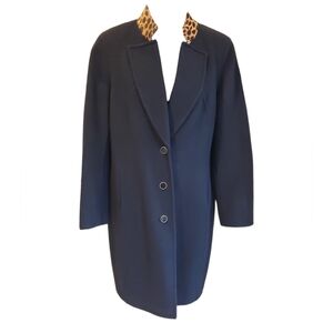 Saint John Long Black Jacket Wool & Rabit Hair, Calf Hair Collar Cheeta Print 16